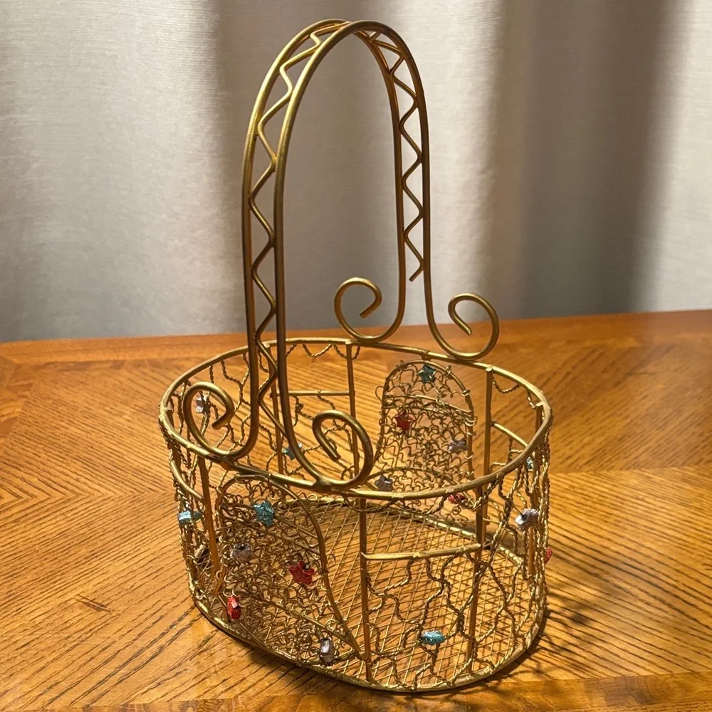Gold Wire Basket with Multicolor Accents Holiday Decor